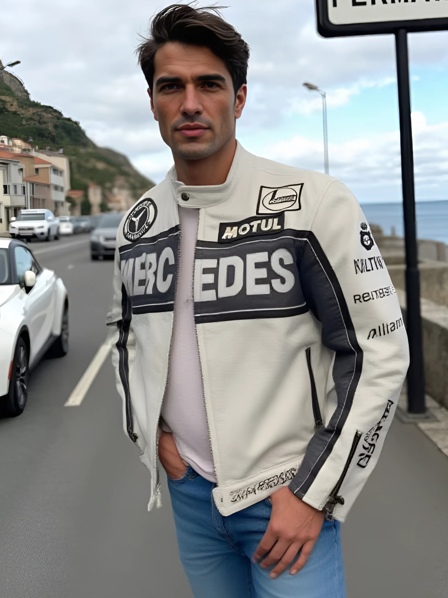 White Mercedes Leather Jacket | FERAÏA F1 Edition