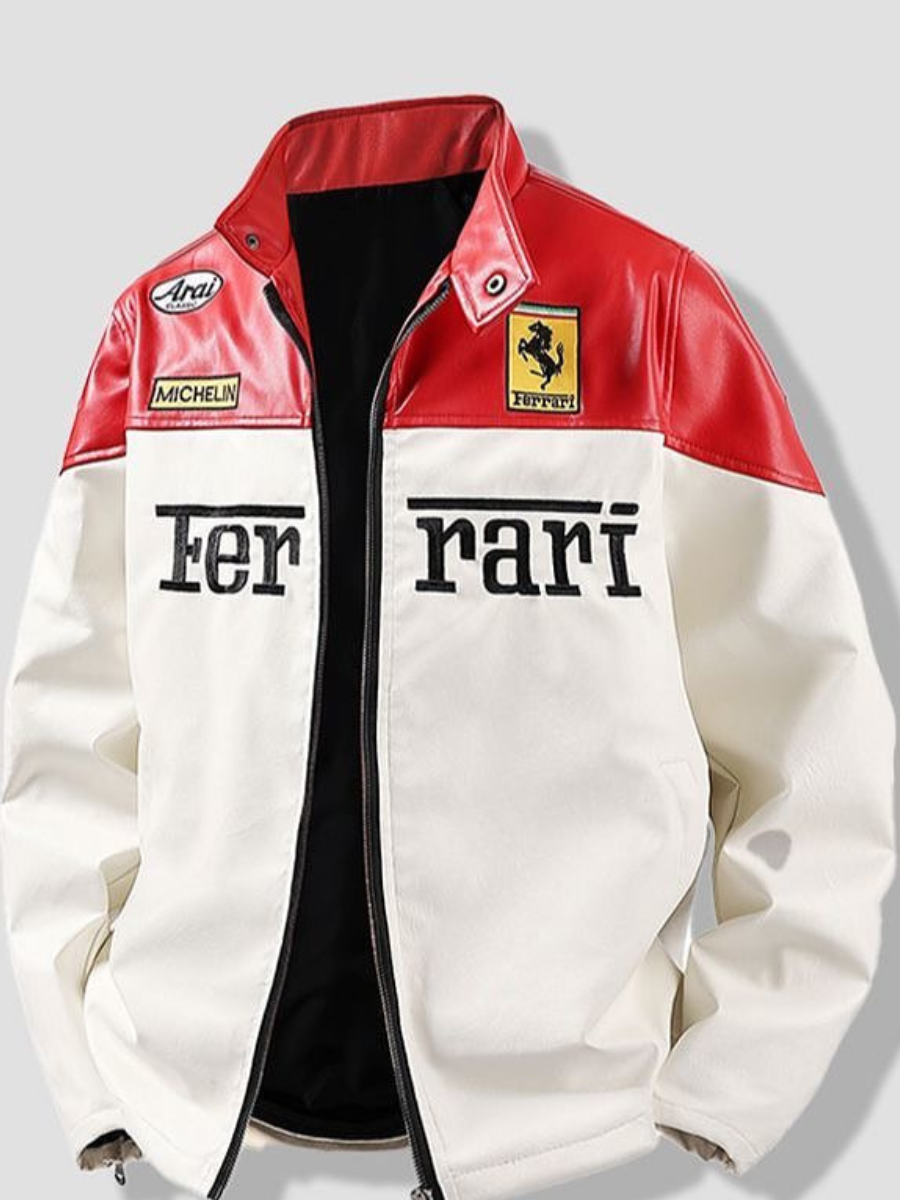 Ferrari White & Red Leather Jacket | FERAÏA Luxe Edition