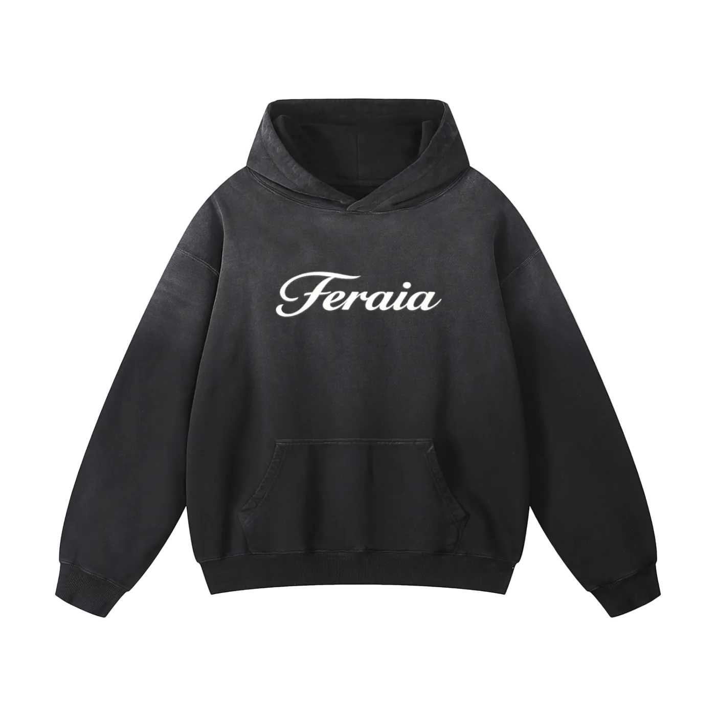Black hoodie with 'Feraia' logo on a white background