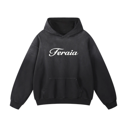 Black hoodie with 'Feraia' logo on a white background