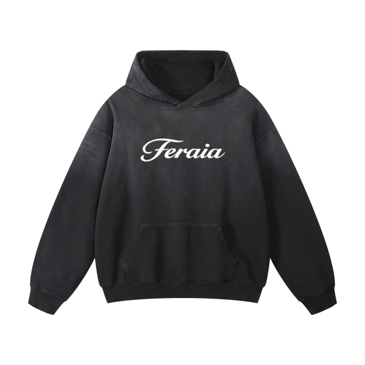 Black hoodie with 'Feraia' logo on a white background