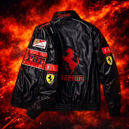 Black Ferrari Racing Leather Jacket | Maison FERAÏA® F1 Luxe Edition