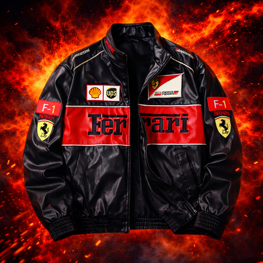 Black Ferrari Racing Leather Jacket | Maison FERAÏA® F1 Luxe Edition