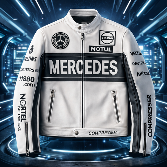White Mercedes Racing Leather Jacket | Maison FERAÏA® F1 Luxe Edition