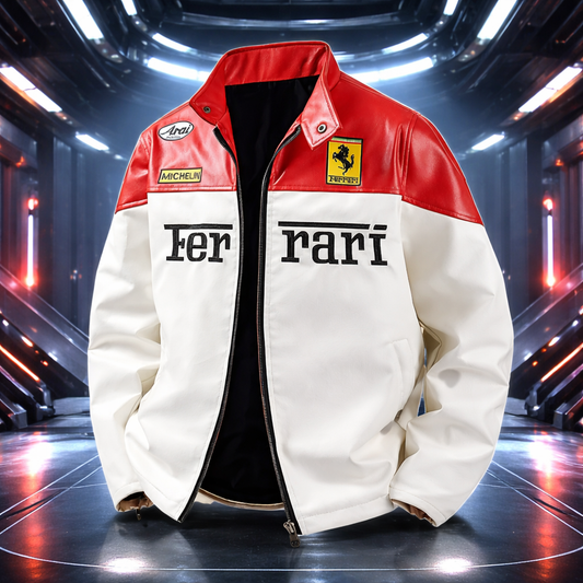 White & Red Ferrari Leather Jacket | Maison FERAÏA® F1 Luxe Edition