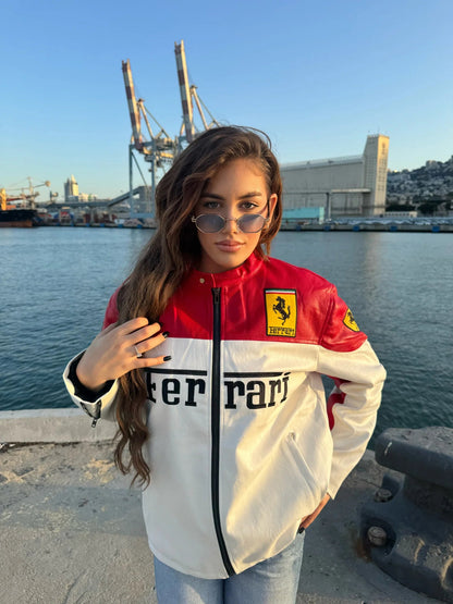 White & Red Ferrari Leather Jacket | Maison FERAÏA® F1 Luxe Edition