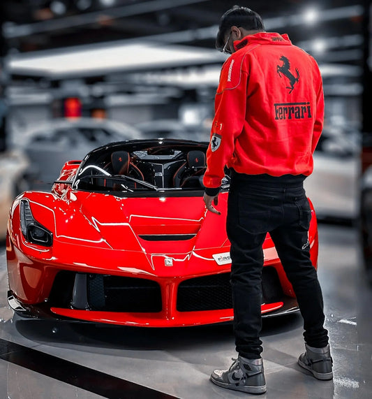 Red ferrari jacket in india pose with real ferrari by Grantiro